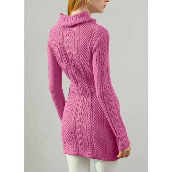 Women's Polo Neck Long Fitted Dress Bodycon Turtleneck Cable Knit Sweater Pink - Picture 3 of 4